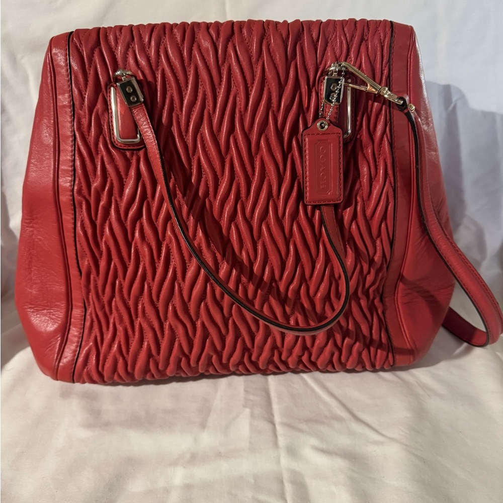 Coach Madison Gathered Leather Satchel Bag Tote Coral Color